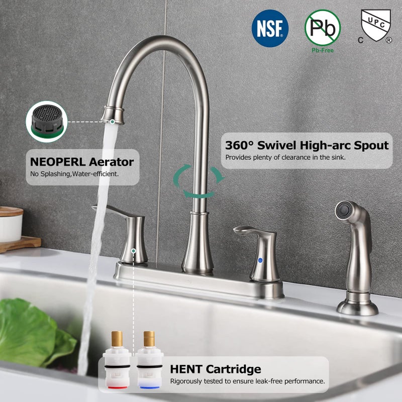 PARLOS 8 Inch Two Handles High Arch Kitchen Sink Faucet with Side Sprayer & Supply Lines, Brushed Nickel, Demeter 14138 - Image 2